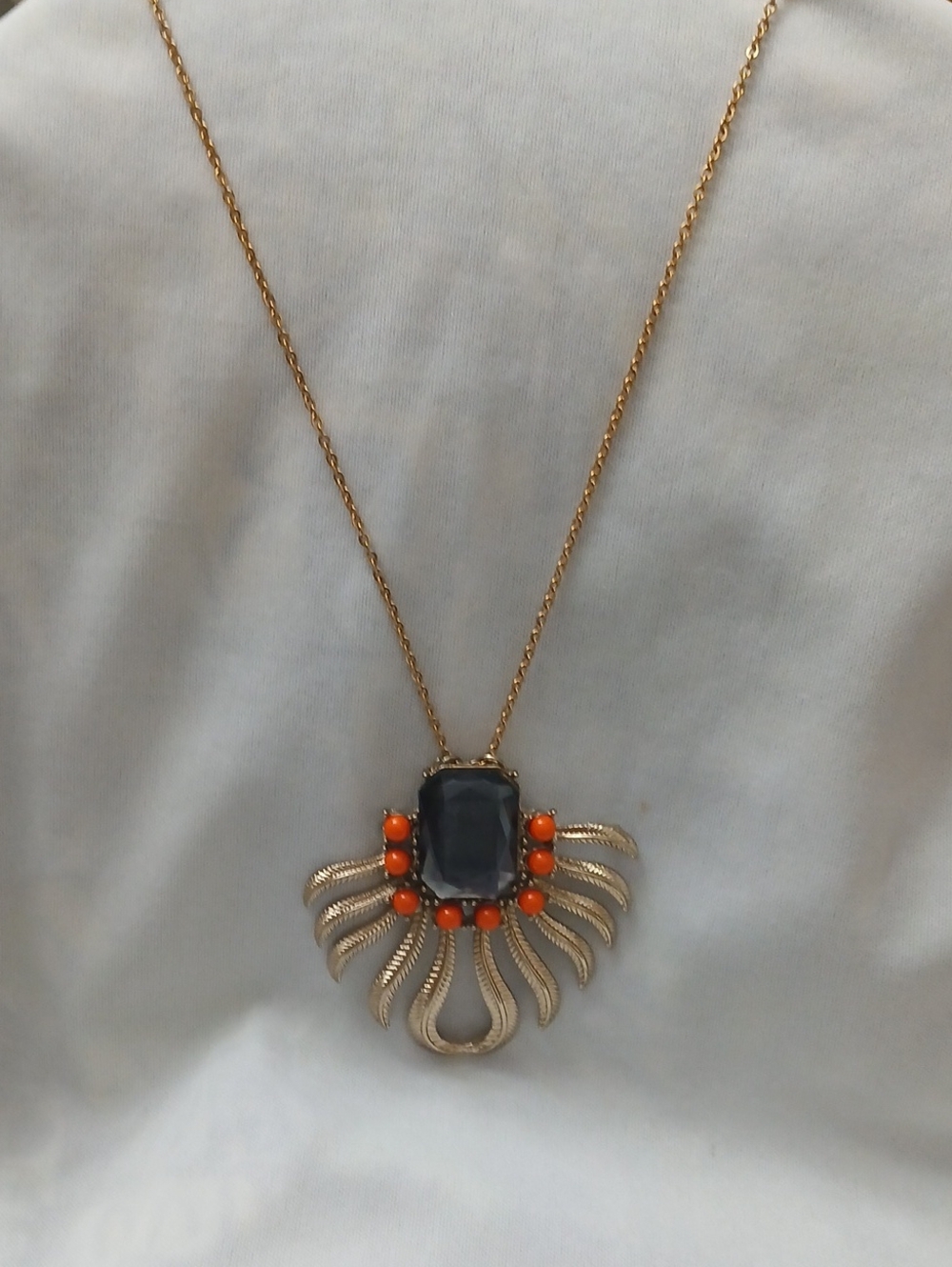 Gold-Tone Necklace with Black Center Stone and Orange Accent Beads
